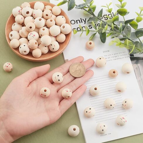 arricraft 60 Pcs 3 Style Smile Face Wood Beads, Face Shy Expression Smooth Smile Wooden Beads Handmade Loose Wood Spacer Beads Printed Undyed Ball Wooden Beads with Holes for DIY Crafts Jewelry Making in Kuwait