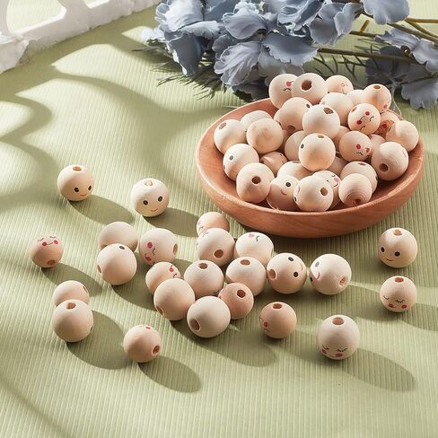 arricraft 60 Pcs 3 Style Smile Face Wood Beads, Face Shy Expression Smooth Smile Wooden Beads Handmade Loose Wood Spacer Beads Printed Undyed Ball Wooden Beads with Holes for DIY Crafts Jewelry Making in Kuwait