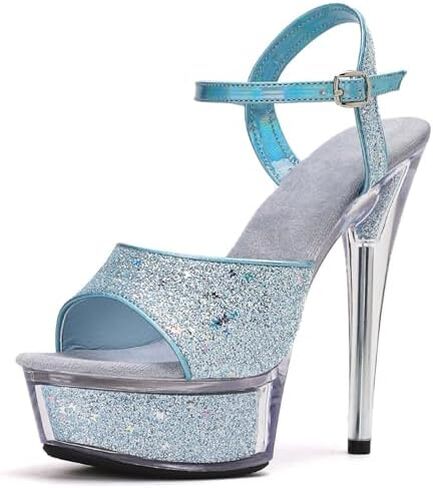 Women's Sparkling Platform Stiletto Heeled Sandals with Cross Ankle Buckle Sexy Comfortable Non Slip Round Toe High Heel Pole Dance Sandals for Party Prom in Saudi Arabia