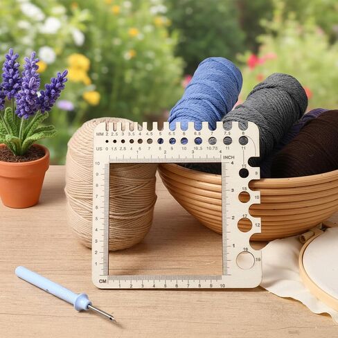 Molain 1 Pcs Wooden Knitting Crochet Gauge Ruler, Boxwood Knitting Needle Gauge Sizer, Stitch Counter Spinner Yarn Measure Tool with Circular Ruler Rectangle Sizer for Craft (5.9inch) in Kuwait