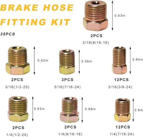 35 PCS Brake Line Fitting Kit, Thread Nuts Assortment Kit for 3/16" & 1/4" Brake Line Inverted Flares, Rustproof Braking Lines Tube Nut Repair Set for Car Truck SUV in Saudi Arabia