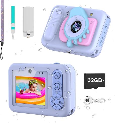 Kids Waterproof Digital Underwater Camera - 48MP HD 1080P Video, Dual Lens Selfie with Stand - Christmas Birthday Festival Gift for Ages Above 3 Girl Boy Child Toddler, Cartoon Cover, Blue in Kuwait
