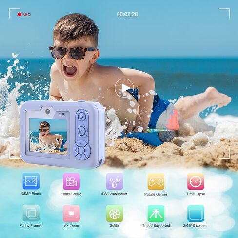Kids Waterproof Digital Underwater Camera - 48MP HD 1080P Video, Dual Lens Selfie with Stand - Christmas Birthday Festival Gift for Ages Above 3 Girl Boy Child Toddler, Cartoon Cover, Blue in Kuwait