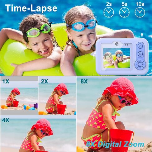 Kids Waterproof Digital Underwater Camera - 48MP HD 1080P Video, Dual Lens Selfie with Stand - Christmas Birthday Festival Gift for Ages Above 3 Girl Boy Child Toddler, Cartoon Cover, Blue in Kuwait