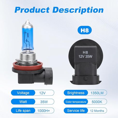 Safego H8 Halogen Headlight Bulb - 12V 55W Halogen Headlamp 5000K Auto Car Low High Beam Light Bulbs for Fog light Replacement,NOT Fit 24V Vehicle,Pack of 2 in Saudi Arabia