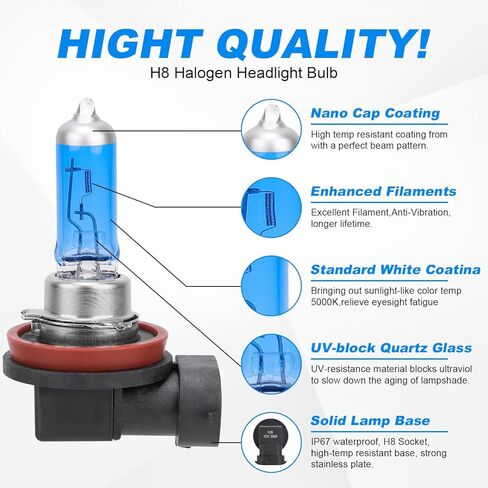 Safego H8 Halogen Headlight Bulb - 12V 55W Halogen Headlamp 5000K Auto Car Low High Beam Light Bulbs for Fog light Replacement,NOT Fit 24V Vehicle,Pack of 2 in Saudi Arabia