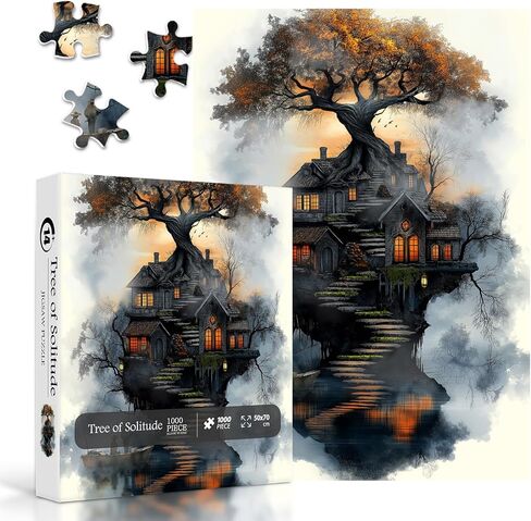 Fantasy Treehouse Puzzles for Adults 1000 Pieces, Nature Tree Art Jigsaw Puzzle with Forest Cottage, Sunset Sky, Dreamy Lake Aesthetic Puzzle, Hard Challenging Puzzle for Adults in Kuwait