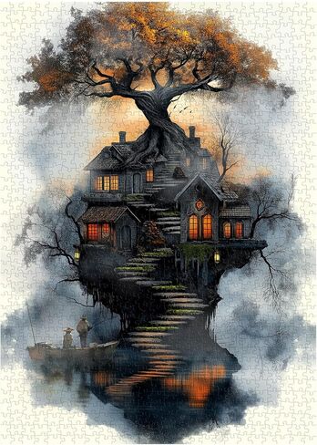 Fantasy Treehouse Puzzles for Adults 1000 Pieces, Nature Tree Art Jigsaw Puzzle with Forest Cottage, Sunset Sky, Dreamy Lake Aesthetic Puzzle, Hard Challenging Puzzle for Adults in Kuwait