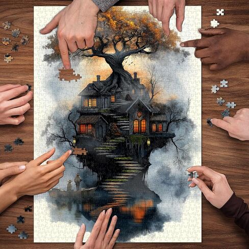 Fantasy Treehouse Puzzles for Adults 1000 Pieces, Nature Tree Art Jigsaw Puzzle with Forest Cottage, Sunset Sky, Dreamy Lake Aesthetic Puzzle, Hard Challenging Puzzle for Adults in Kuwait