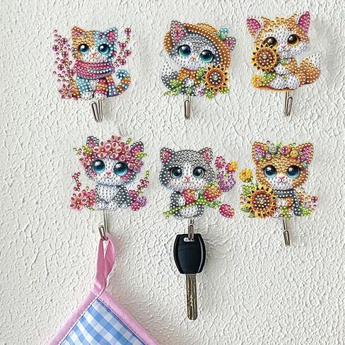 YUE ZHE 6 PCS Diamond Painting Kits for Adults DIY Diamond Art Painting Wall Hook Key Holder Wall Adhesive Hook Cat Theme Arts and Crafts DIY Kits for Towel Hat Kitchen Decoration in Saudi Arabia