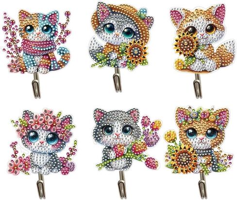 YUE ZHE 6 PCS Diamond Painting Kits for Adults DIY Diamond Art Painting Wall Hook Key Holder Wall Adhesive Hook Cat Theme Arts and Crafts DIY Kits for Towel Hat Kitchen Decoration in Saudi Arabia