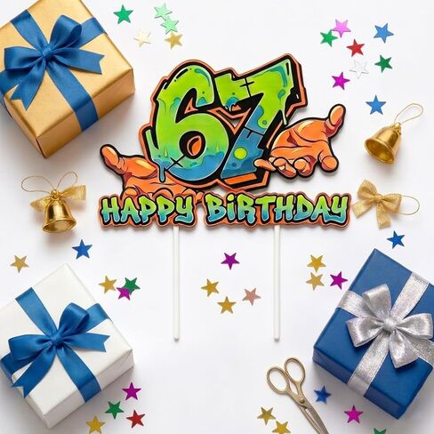 6 7 كعكة عيد ميلاد سعيد توبر، كتابات الشوارع 6 7 زينة كعكة عيد ميلاد للصبي، عدد ديكور الكعكة، لوازم حفلات عيد ميلاد سعيد، أخضر نيون أزرق in Kuwait