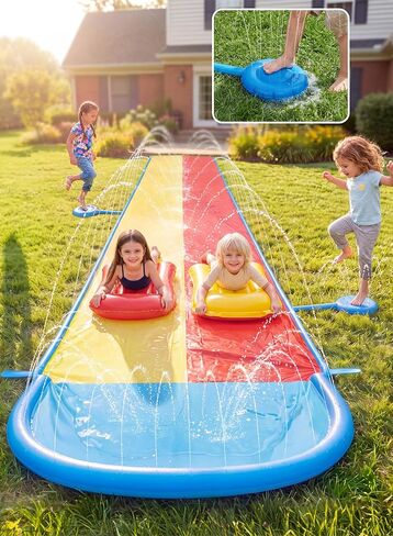 Sloosh 22.5FT Lawn Water Slide with Water Stomp, Slip Waterslide with 2 Bodyboards Summer Toy with Build in Sprinkler for Backyard Outdoor Fun for Kids in Kuwait