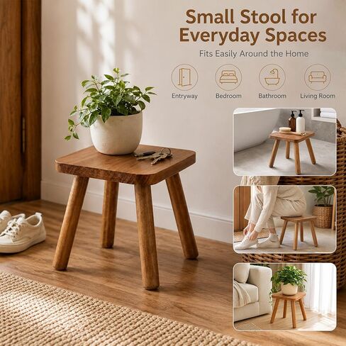 9.5 Inch Small Wooden Stool, Natural Wood Foot Stool with Non Slip Pads, Compact Square Stool for Bathroom Bedroom Entryway Plant Stand Shoe Changing in Saudi Arabia