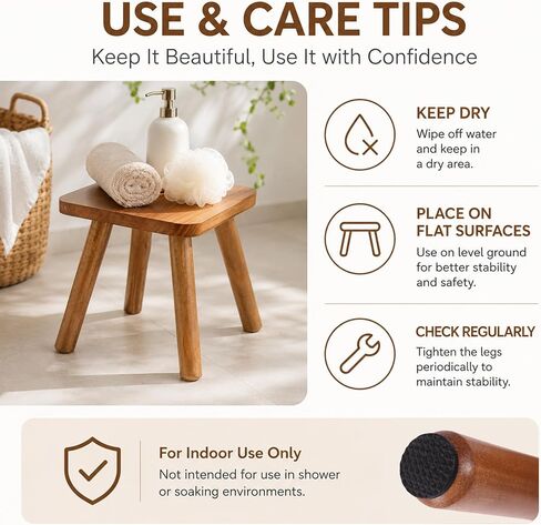 9.5 Inch Small Wooden Stool, Natural Wood Foot Stool with Non Slip Pads, Compact Square Stool for Bathroom Bedroom Entryway Plant Stand Shoe Changing in Saudi Arabia