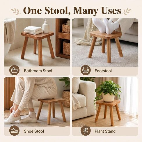 9.5 Inch Small Wooden Stool, Natural Wood Foot Stool with Non Slip Pads, Compact Square Stool for Bathroom Bedroom Entryway Plant Stand Shoe Changing in Saudi Arabia
