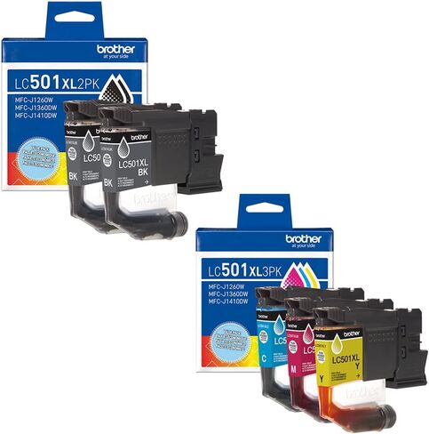 مجموعة خراطيش حبر Brother LC501XL عالية الإنتاجية مكونة من 5 عبوات 2 أسود و3 ألوان (CMY) LC501XL3PKS LC501XL2PKS متوافقة مع MFC-J1260DW، MFC-J1360DW، MFC-J1410DW in Kuwait