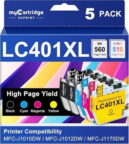 myCartridge SUPRINT LC401XL Ink Cartridges for Brother Printer Replacement for Brother LC401 401XL Ink Cartridges High Yield Printer Use with MFC-J1010DW MFC-1012DW MFC-J1170DW MFC-J1800D (5Pack, XL) in Kuwait