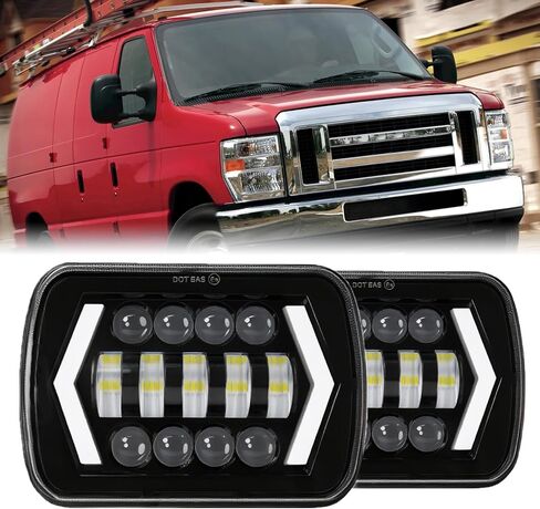 2PCS Headlights Fit For Ford E150/E250/E350/E450 1985-2013, 5x7 6x7 Inch Square Hi/Lo Beam DRL Amber Turn Signal Headlight, 130W 44000LM 6500K Super Bright, DOT Approved in Saudi Arabia