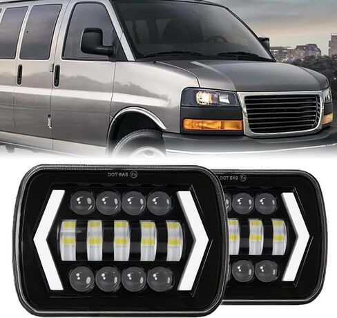 2PCS Headlights Fit For Ford E150/E250/E350/E450 1985-2013, 5x7 6x7 Inch Square Hi/Lo Beam DRL Amber Turn Signal Headlight, 130W 44000LM 6500K Super Bright, DOT Approved in Saudi Arabia