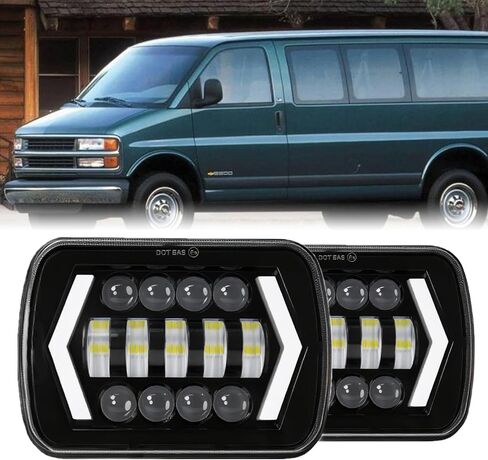 2PCS Headlights Fit For Ford E150/E250/E350/E450 1985-2013, 5x7 6x7 Inch Square Hi/Lo Beam DRL Amber Turn Signal Headlight, 130W 44000LM 6500K Super Bright, DOT Approved in Saudi Arabia
