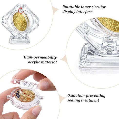 2 Pcs Coin Display Case Stand Holders for Collectors, Standing Coin Display Case Clear Acrylic Coins Protector 3D Rotatable Floating Coins Capsules Frame for Collectors Medallion Medal (1.6X 1.6in) in Kuwait