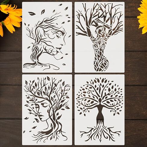 4Pack Tree of Life Reusable Stencil Set, Art Woman Tree Stencil for Painting on Wood Signs, Plastic Decorative Tree Pattern Template for Wall Canvas Fabric Home Decor DIY Art Projects in Kuwait