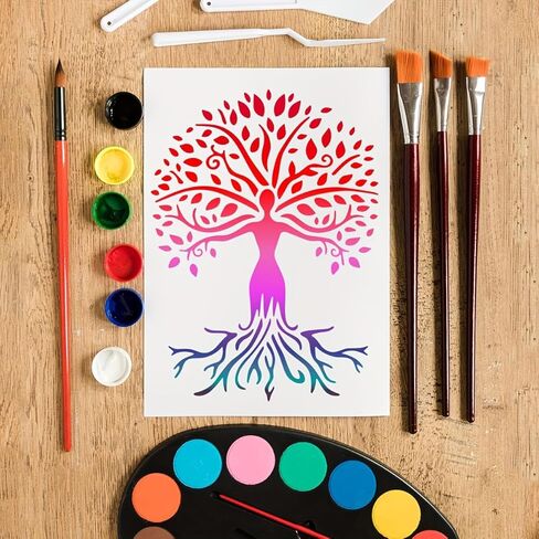 4Pack Tree of Life Reusable Stencil Set, Art Woman Tree Stencil for Painting on Wood Signs, Plastic Decorative Tree Pattern Template for Wall Canvas Fabric Home Decor DIY Art Projects in Kuwait