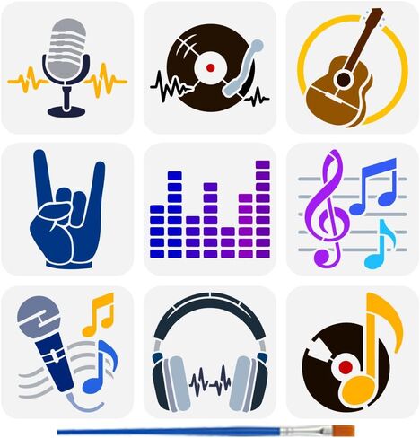 FINGERINSPIRE 9Styles Music Patterns Stencil with a Brush 5.9x5.9Inch Notes Painting Stencil Records Drawing Stencils PET Guitars Stencils Spectra Headphones Microphones Template for Wall Decor in Kuwait