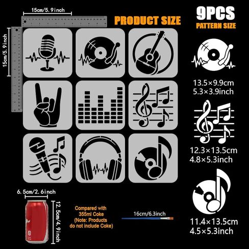 FINGERINSPIRE 9Styles Music Patterns Stencil with a Brush 5.9x5.9Inch Notes Painting Stencil Records Drawing Stencils PET Guitars Stencils Spectra Headphones Microphones Template for Wall Decor in Kuwait