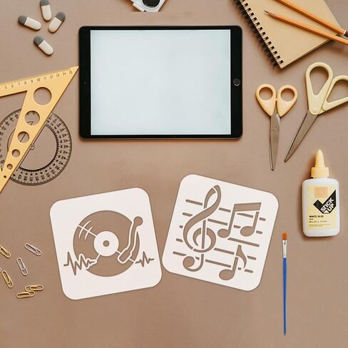 FINGERINSPIRE 9Styles Music Patterns Stencil with a Brush 5.9x5.9Inch Notes Painting Stencil Records Drawing Stencils PET Guitars Stencils Spectra Headphones Microphones Template for Wall Decor in Kuwait