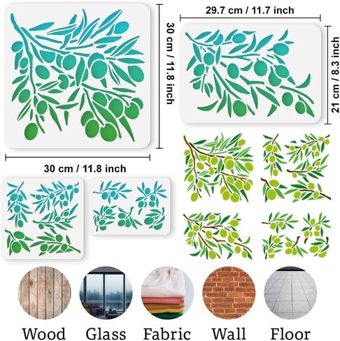4Pcs Olive Tree Branch Stencils for Painting, Reusable Olive Branch Stencil Drawing Templates, DIY Craft Paint Templates for Wall Home Decor Wood Burning Canvas Fabric Window in Kuwait