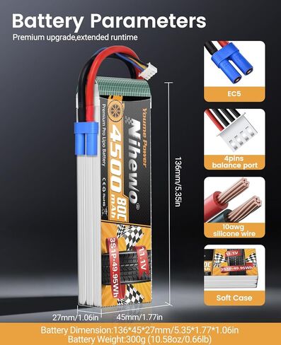 11.1V Lipo Battery 4500mAh 3S RC Lipo Batteries 80C with EC5 Plug Soft Case for 1/10 RC Car/Truck/Vehicle/Buggy RC Airplane Aircraft Quadcopter Drone Boat Robot Models(2 Packs) in Saudi Arabia