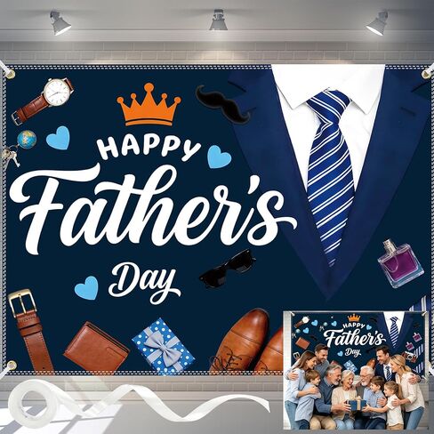 Happy Fathers Day Banner 6x4FT with 32.8ft Ribbon & 4 Brass Grommets, Polyester Fathers Day Backdrop Party Supplies for Photography Indoor Outdoor Family Celebration Wall Door Home Decor in Saudi Arabia