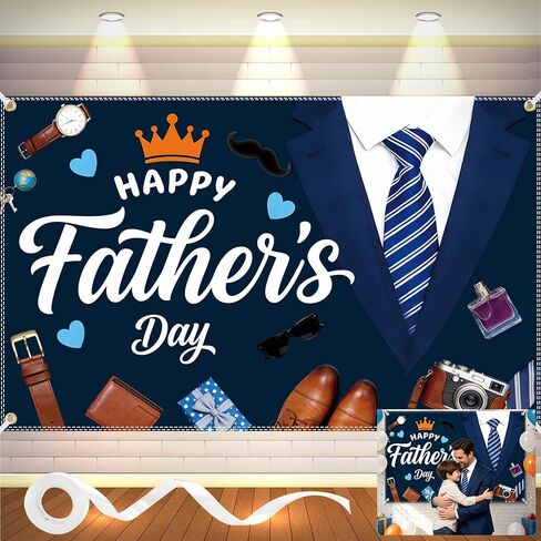 Happy Fathers Day Banner 6x4FT with 32.8ft Ribbon & 4 Brass Grommets, Polyester Fathers Day Backdrop Party Supplies for Photography Indoor Outdoor Family Celebration Wall Door Home Decor in Saudi Arabia