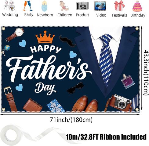 Happy Fathers Day Banner 6x4FT with 32.8ft Ribbon & 4 Brass Grommets, Polyester Fathers Day Backdrop Party Supplies for Photography Indoor Outdoor Family Celebration Wall Door Home Decor in Saudi Arabia