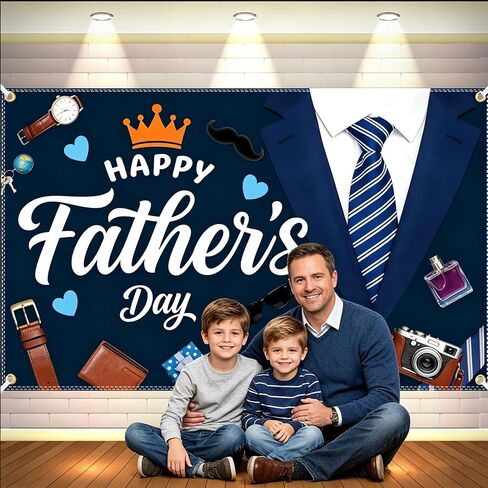 Happy Fathers Day Banner 6x4FT with 32.8ft Ribbon & 4 Brass Grommets, Polyester Fathers Day Backdrop Party Supplies for Photography Indoor Outdoor Family Celebration Wall Door Home Decor in Saudi Arabia