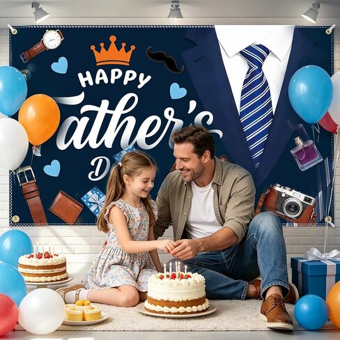 Happy Fathers Day Banner 6x4FT with 32.8ft Ribbon & 4 Brass Grommets, Polyester Fathers Day Backdrop Party Supplies for Photography Indoor Outdoor Family Celebration Wall Door Home Decor in Saudi Arabia