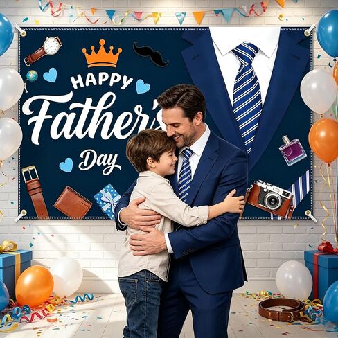 Happy Fathers Day Banner 6x4FT with 32.8ft Ribbon & 4 Brass Grommets, Polyester Fathers Day Backdrop Party Supplies for Photography Indoor Outdoor Family Celebration Wall Door Home Decor in Saudi Arabia