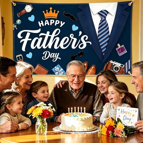 Happy Fathers Day Banner 6x4FT with 32.8ft Ribbon & 4 Brass Grommets, Polyester Fathers Day Backdrop Party Supplies for Photography Indoor Outdoor Family Celebration Wall Door Home Decor in Saudi Arabia