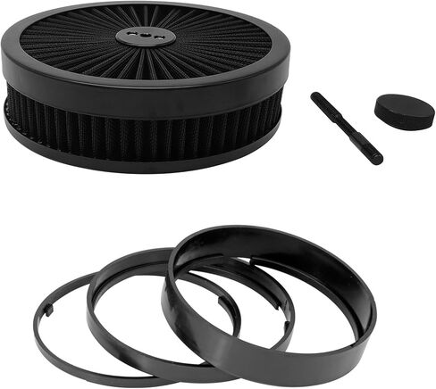 مجموعة تجميع فلتر الهواء X-AVION Full Flow 9''X2''، منظف هواء قابل للغسل وإعادة الاستخدام مع مسمار تثبيت وجوز جناح ومجموعة 3 فواصل، منظف هواء لـ 4 أسطوانات مكربن ​​V8، أسود مستدير in Kuwait