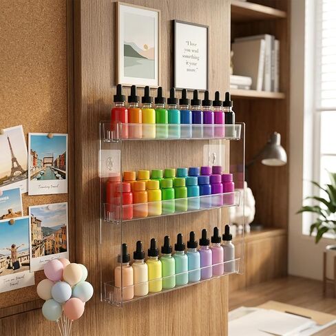 4 Pcs Clear Paint Rack Wall Mount, Acrylic Nail Polish Rack Organizer, 3 Tier Display Shelf for 2oz Bottles, Mini Figures, Badges, Makeup, No Drill Needed in Kuwait