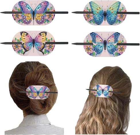4pcs Diamond Painting Kits Round Hairpins, Special Shape Diamond Art Craft Kit, Colorful Flower Handicraft, Elegant Chinese Twist Rod Wooden DIY Hair Clip with for Festivals, Daily Wear Parties in Kuwait