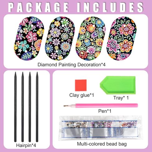 4pcs Diamond Painting Kits Round Hairpins, Special Shape Diamond Art Craft Kit, Colorful Flower Handicraft, Elegant Chinese Twist Rod Wooden DIY Hair Clip with for Festivals, Daily Wear Parties in Kuwait