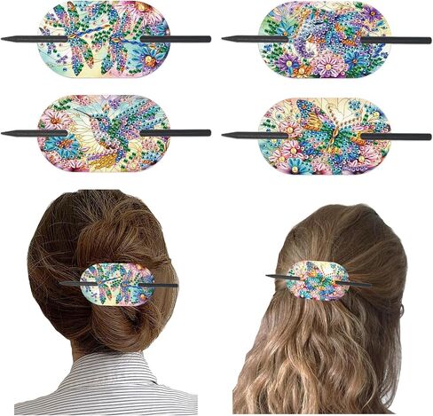 4pcs Diamond Painting Kits Round Hairpins, Special Shape Diamond Art Craft Kit, Colorful Flower Handicraft, Elegant Chinese Twist Rod Wooden DIY Hair Clip with for Festivals, Daily Wear Parties in Kuwait