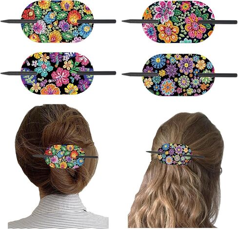 4pcs Diamond Painting Kits Round Hairpins, Special Shape Diamond Art Craft Kit, Colorful Flower Handicraft, Elegant Chinese Twist Rod Wooden DIY Hair Clip with for Festivals, Daily Wear Parties in Kuwait