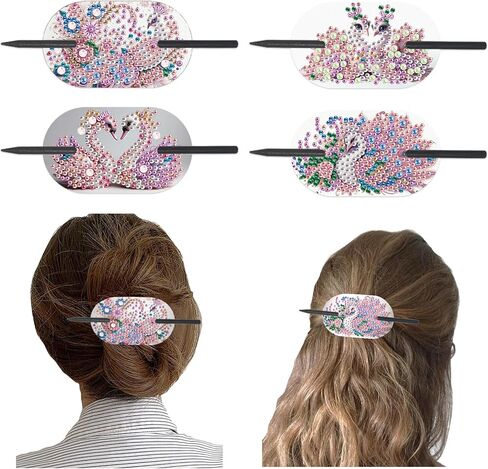 4pcs Diamond Painting Kits Round Hairpins, Special Shape Diamond Art Craft Kit, Colorful Flower Handicraft, Elegant Chinese Twist Rod Wooden DIY Hair Clip with for Festivals, Daily Wear Parties in Kuwait