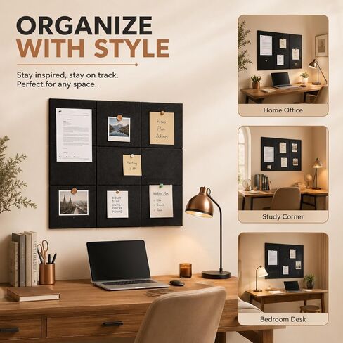 JOLOV Large Cork Board Alternative 48"x36", 12 Pcs Black Felt Bulletin Board Tiles for Wall - Felt Wall Tiles & Panels, Push Pin Board with Pins & Adhesive for Office, Corkboard Tiles, Felt Pin Board in Kuwait