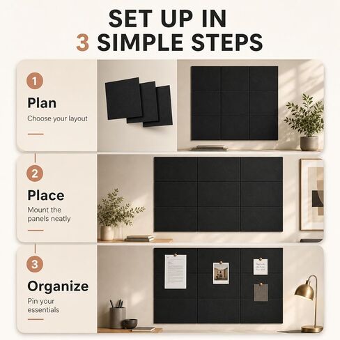 JOLOV Large Cork Board Alternative 48"x36", 12 Pcs Black Felt Bulletin Board Tiles for Wall - Felt Wall Tiles & Panels, Push Pin Board with Pins & Adhesive for Office, Corkboard Tiles, Felt Pin Board in Kuwait