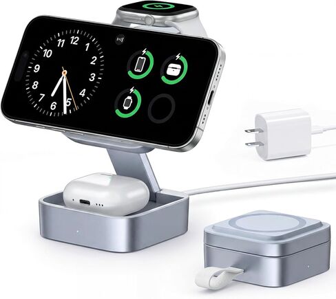 3 in 1 Wireless Charger for MagSafe, Magnetic Foldable Travel Fast Charging Station Pad for Apple Devices iPhone 15/14/13/12 Series, AirPods Pro/3/2 & Apple Watch/Ultra (5W)-White+Silver in Saudi Arabia